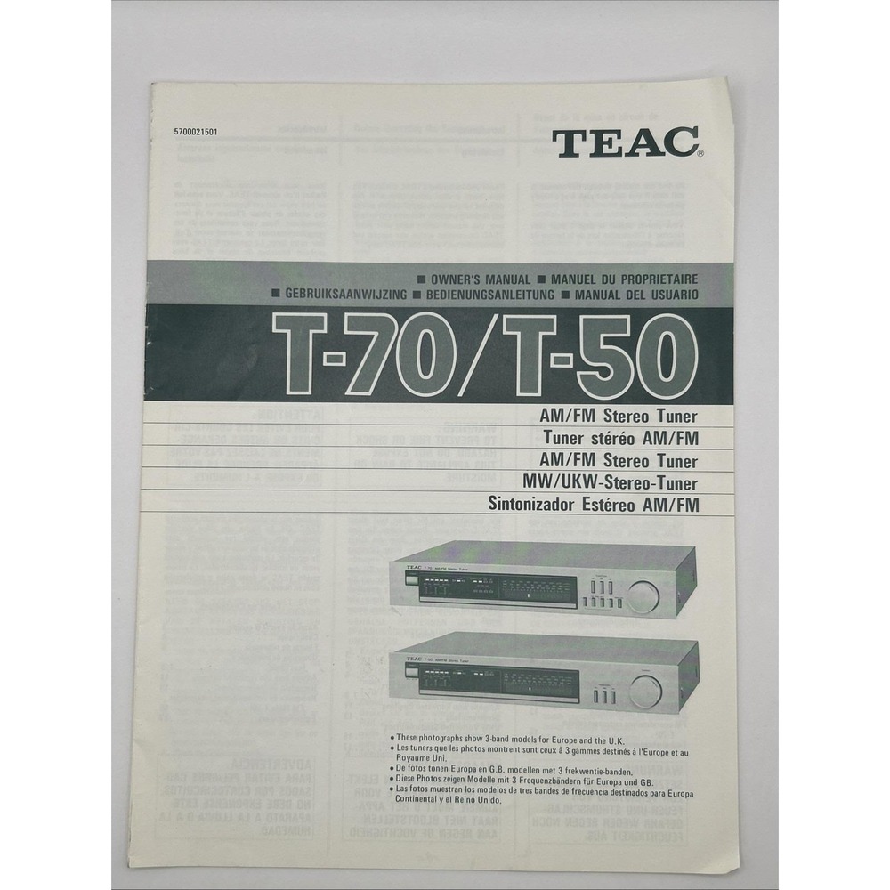 TEAC T‑70 T‑50 AM/FM Stereo Tuner Owner's Manual Original Vintage